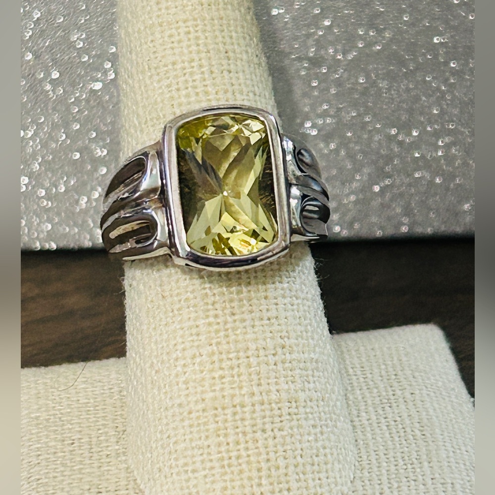 Lemon Quartz Sterling Silver Ring 925 Art Deco Style Yellow Gemstone Size 8 - Picture 2 of 6